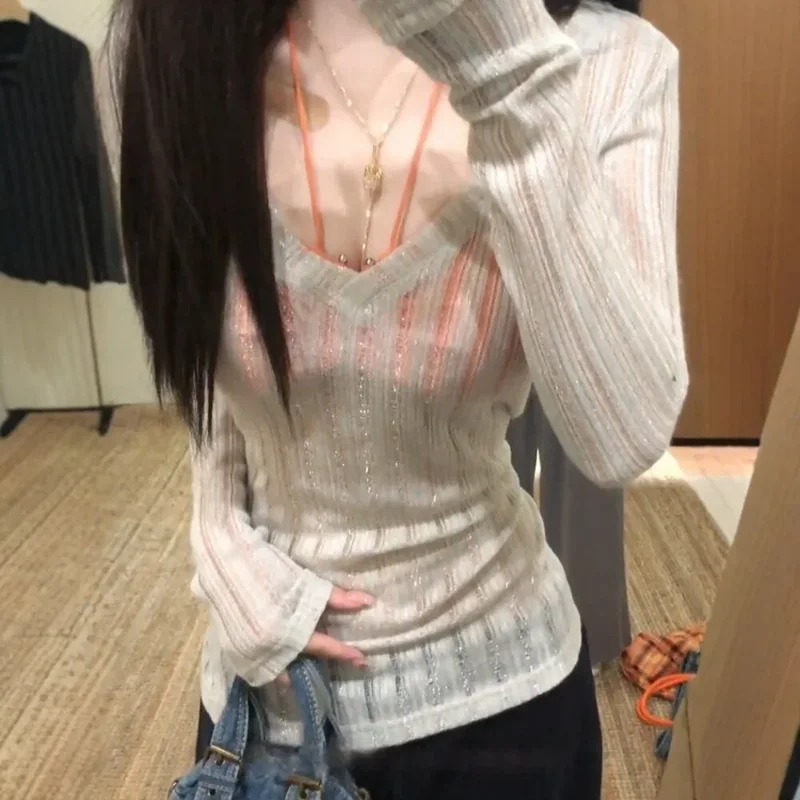 Pure Lust Hottie V-neck Pit Strip Hollow Fine Glitter Knitted Women's New Slim Fit Long-sleeved Top