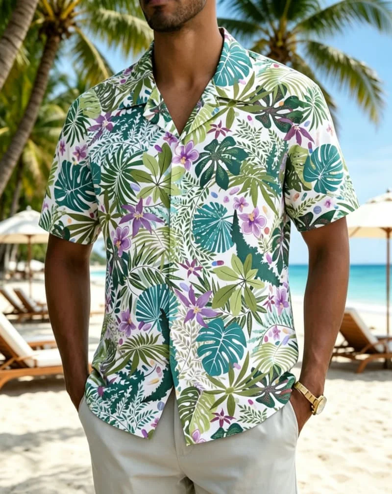 

Men's Vibrant Tropical Leaf Flower Print Shirt, Trendy Island Style for Vacation, Streetwear, Weekend Getaways & Casual Looks