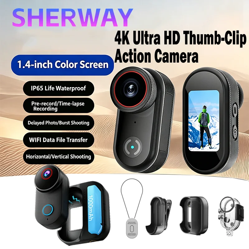4K WiFi Thumb Camera 6-axis EIS Pocket POV Cam 0.96'' Inch 2M Waterproof Mini Sport Camera Power Bank Wearable Body Recording