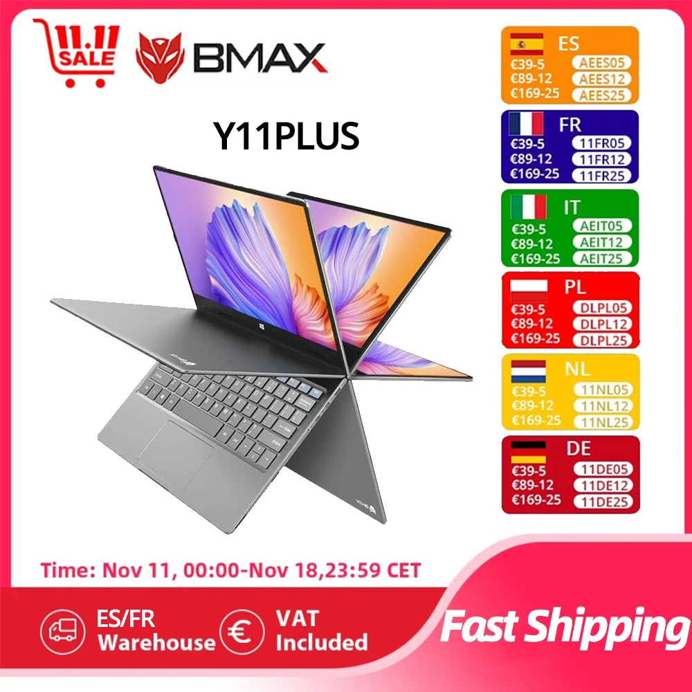 BMAX Y11 Plus Laptop 11.6 Inch 8GB RAM DDR4 256GB SSD Full Metal Case Notebook Windows 11 360degree Touchscreen Intel N5100