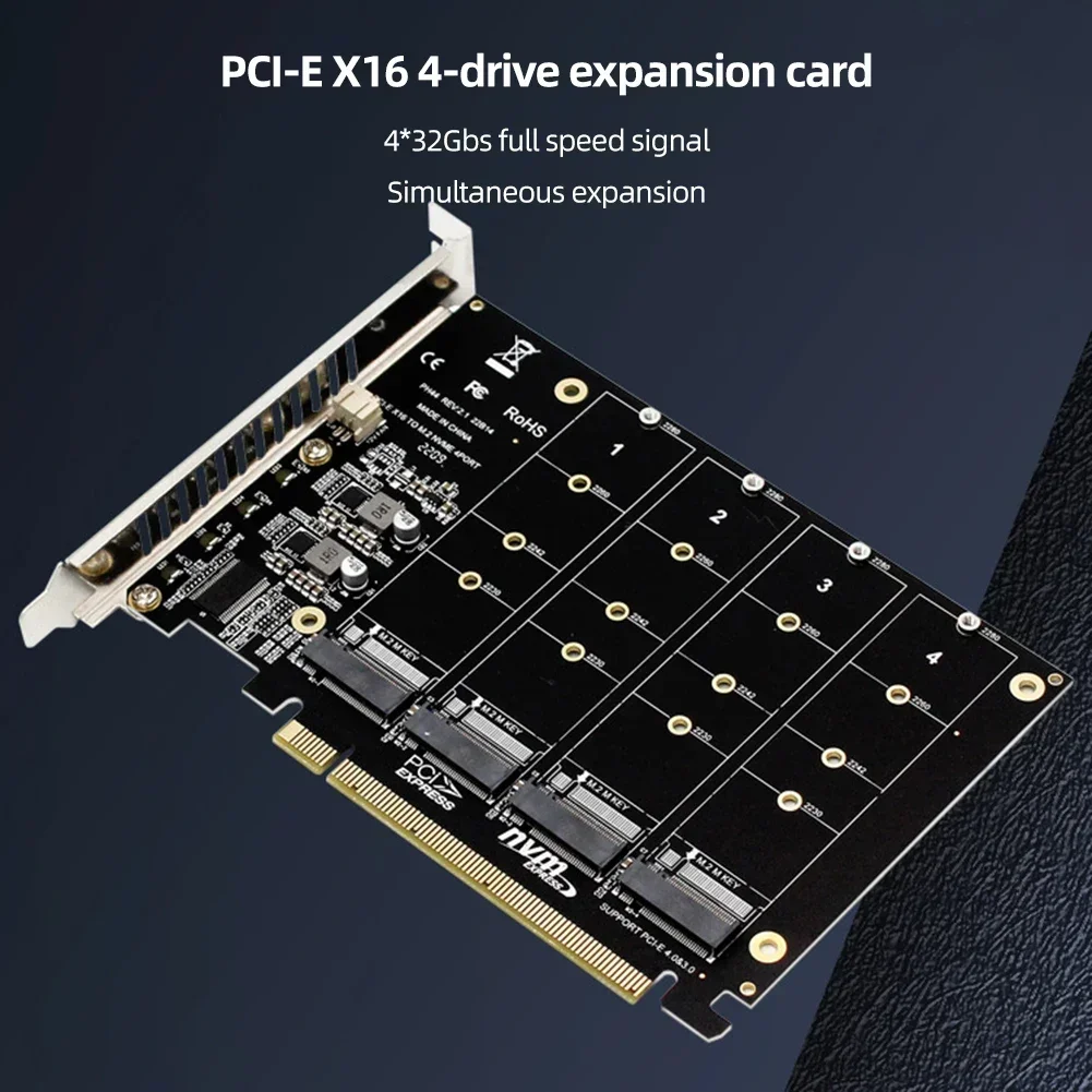 4-Port M.2 NVMe SSD to PCIE X16 Adapter Converter Card - Host Controller Expansion with LED Indicator for 2230/2242/2260/2280