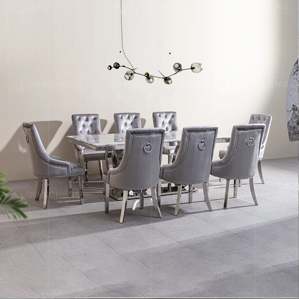 China furniture marble dinning room table set metal chrome stainless steel silver grey luxury minimalist dining table 8 seater