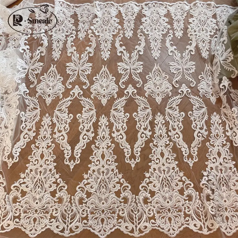 Sequined Embroidered Lace Fabric, Wedding Dress DIY Accessories, Off White Flowers, RS4043