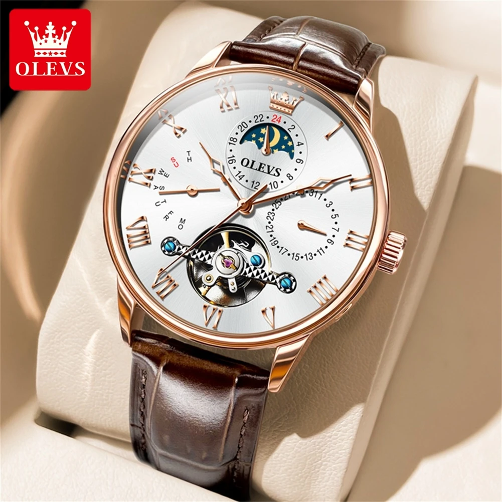 

OLEVS Men's Watches Casual Fashion Leather Strap Original Self-winding Automatic Mechanical Wristwatch for Man Moon Phase Date