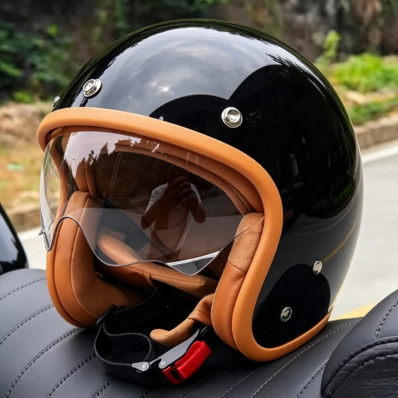 Stylish Gloss BlackPaint Retro 3/4 Open Face Motorcycle Helmet Built-In Inner Visor Multiple Color Options Cafe Racer
