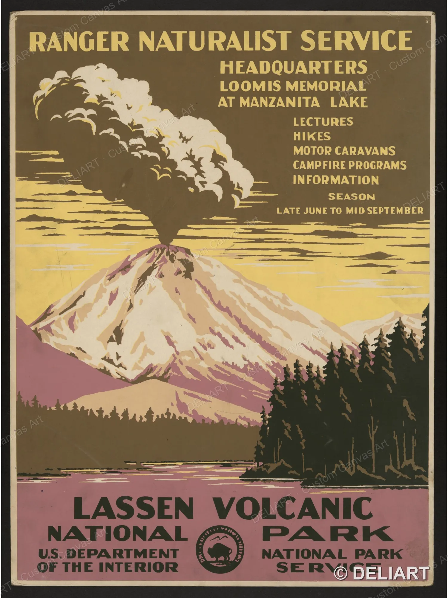 Lassen Volcanic National Park, Ranger Naturalist Service Vintage WPA National Park Travel Canvas Wall Art Poster Print Unframed