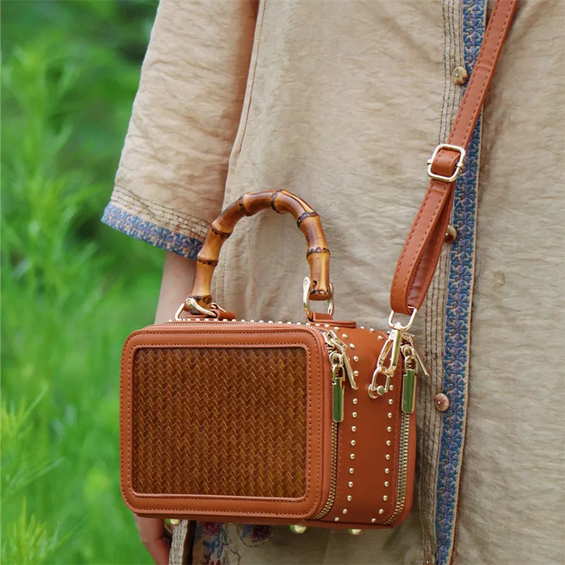 

2025 Luxury Bamboo Handle Women High End Storage Handbags Genuine Leather Splicing Rattan Woven Shoulder Bag Lady Party Box Bag