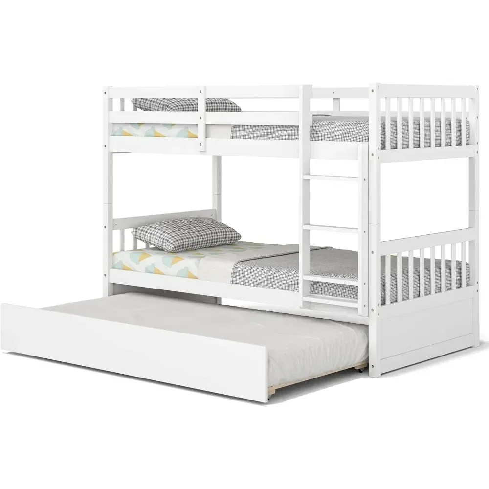 Twin Over Twin Bunk Bed with Trundle, Convertible Platform Bed Frame with Ladder & Solid Wood Frame, No Box Spring Needed, White