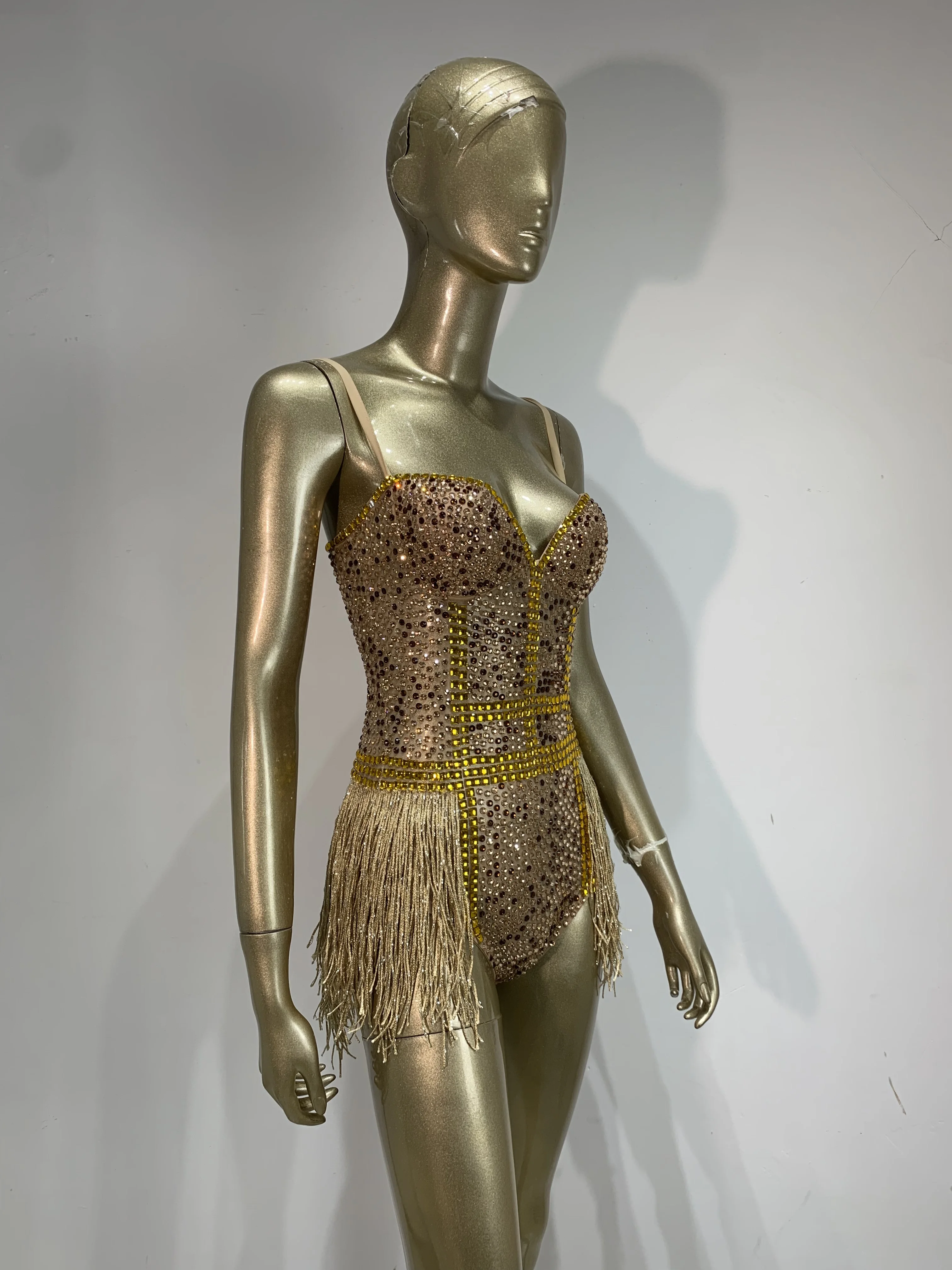 Sparkly Rhinestones Tassel Bodysuit for Women Sexy V Neck Performance Dance Singer Dancer Stage Costume Evening Party Outfit