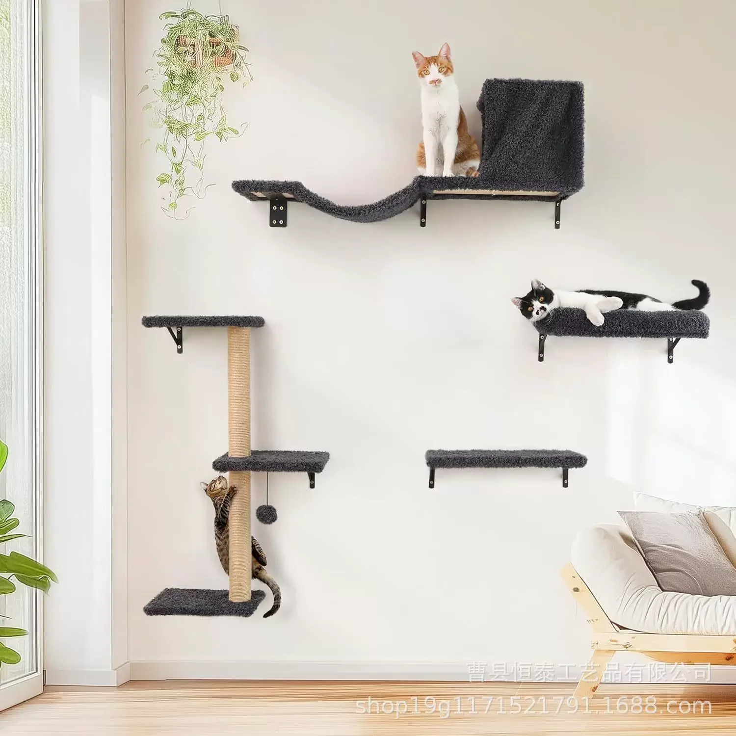 

PLEKER 5-in-1 Modern Gray Drywall 16\" Cat Wall Furniture Set Space-Saving Cat Tree Scratching Posts Bed Sofa Perch