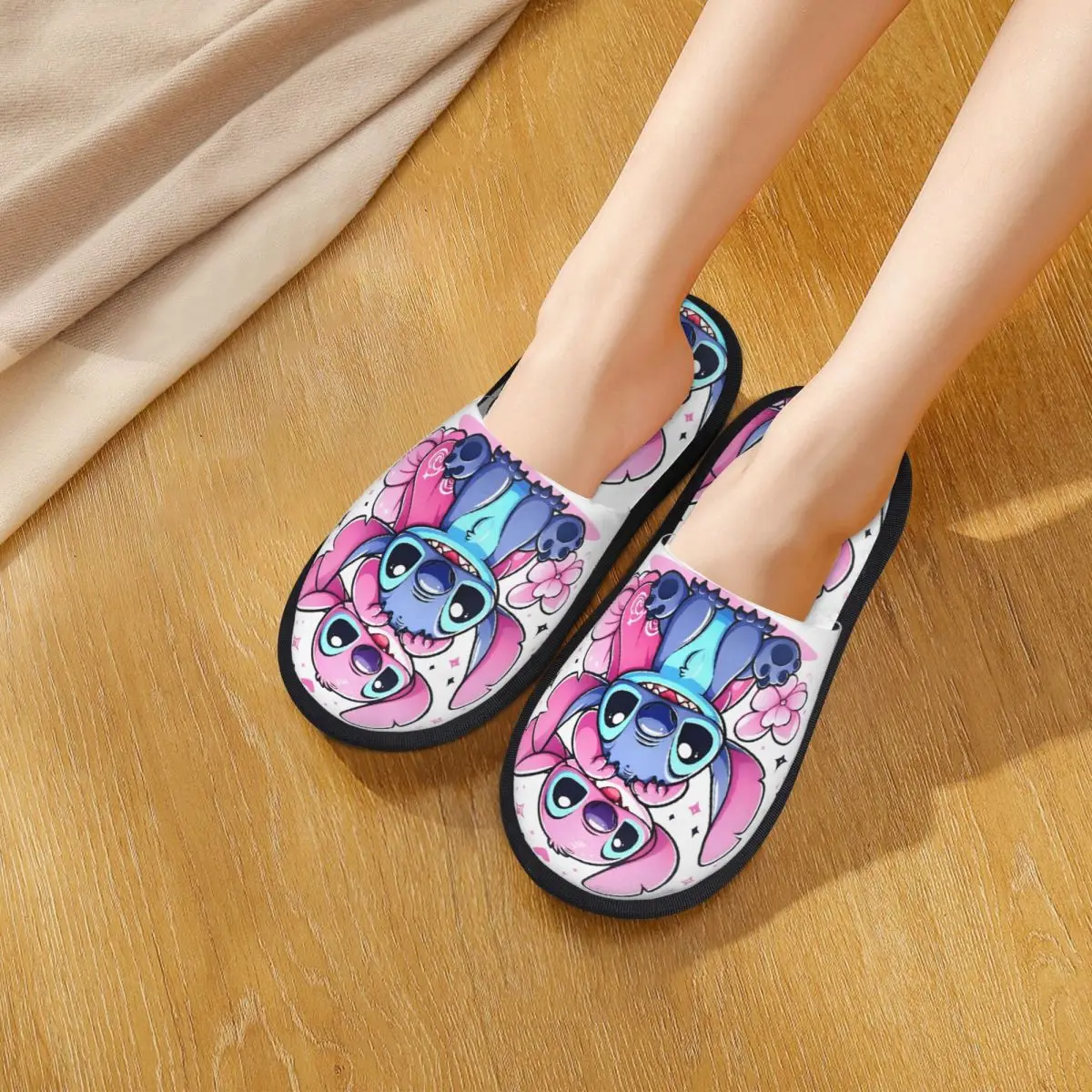 Stitch With Angel Love Winter Plush Slippers Bedroom Cute Cartoon Koala Soft Memory Foam Slippers Anti Slip