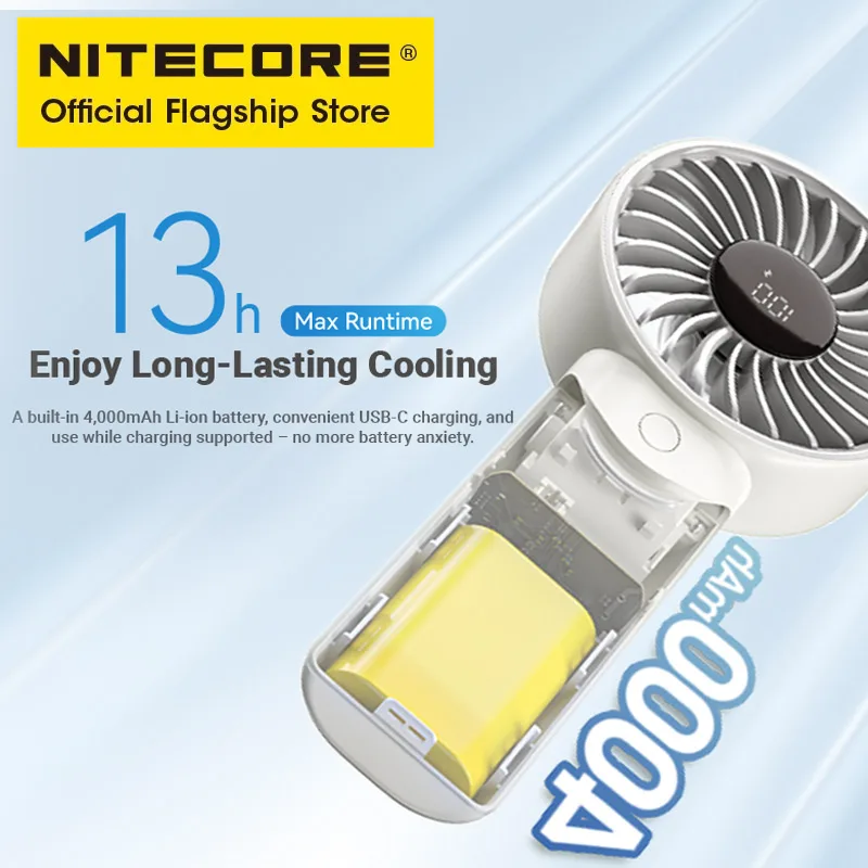 NITECORE NEF03 Pro مروحة التخييم مروحة يدوية قابلة للطي USB-C مروحة التنقل القابلة لإعادة الشحن للصيف والرحلات الخارجية والنزهات والمشي لمسافات طويلة