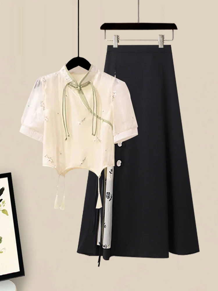 

Элегантный женский комплект Ханьфу в китайском стиле: черная юбка с завышенной талией, стройнящая фигуру, модный традиционный дизайн, полиэстер