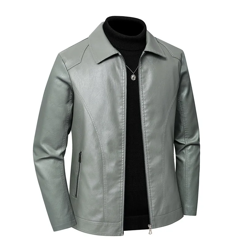 Men Lapel Collar PU Leather Jacket Full Zip Casual Faux Leather Outerwear For Autumn