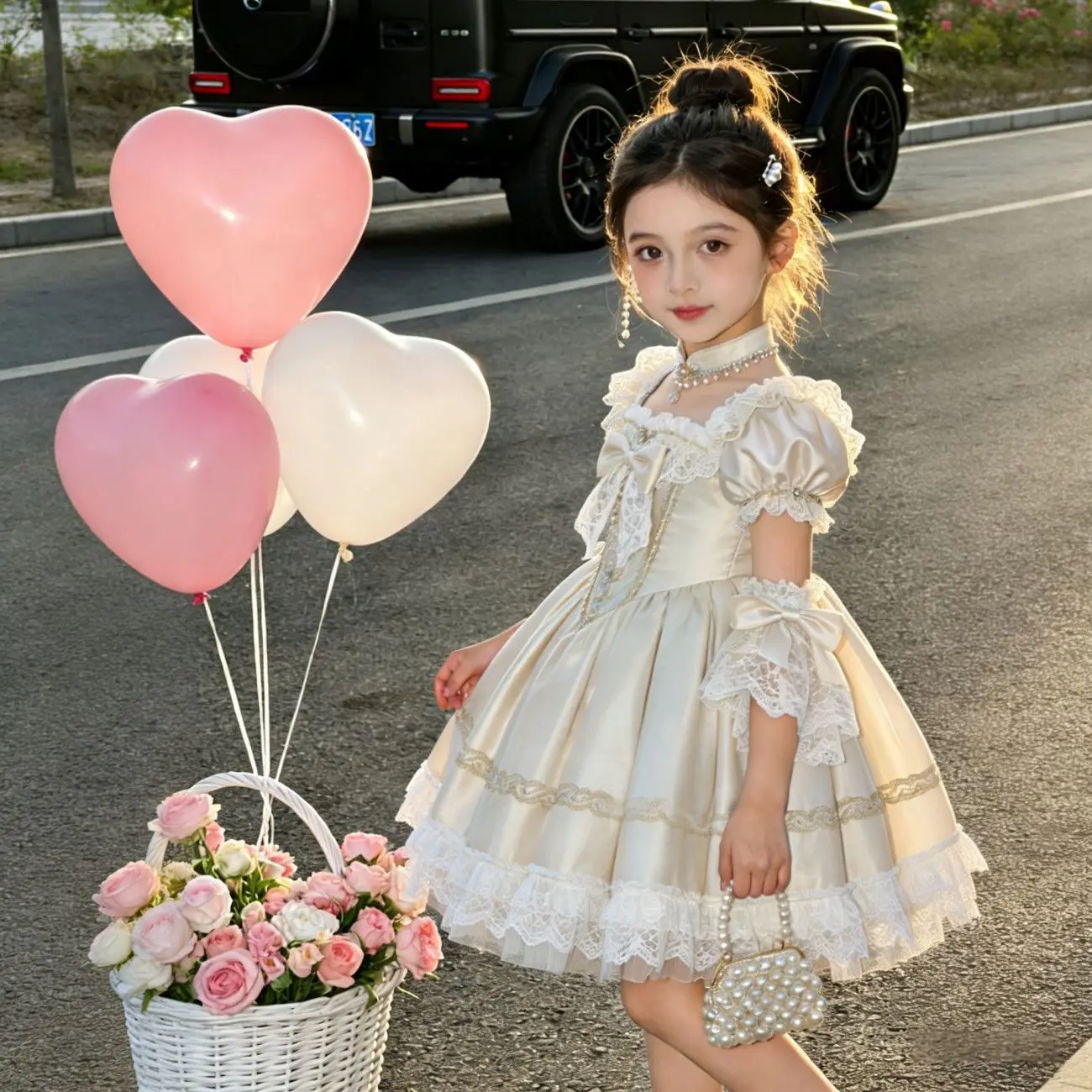 

Girls' 2026 Summer New Short sleeved Lolita Pompon Princess Dress Baby Super Fairy Sweet French Birthday Dress