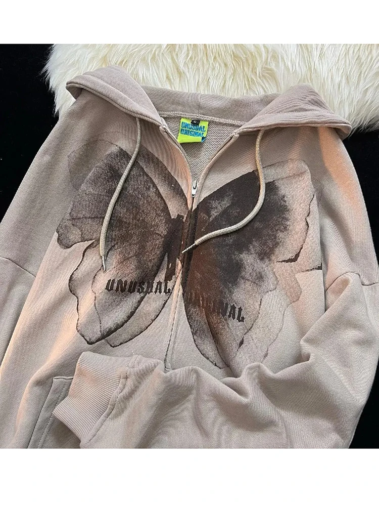 Women Vintage butterfly Print Hoodies Retro Harajuku Hip Hop Jacket High Street Hoodie Casual Loose Sweatshirt Clothes Y2K Tops