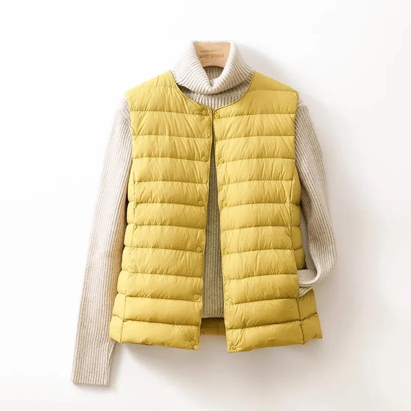 Doublure en duvet sans col pour femme, col en V en émail, veste chaude légère, gilet à col rond, automne et hiver, nouveau