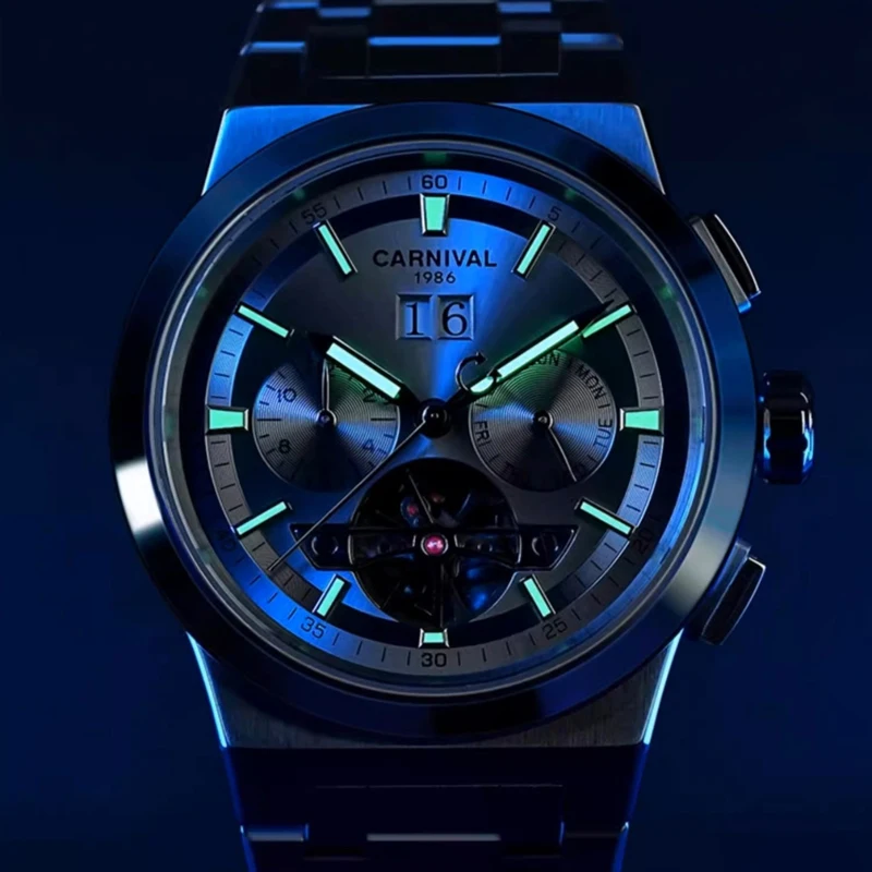 Carnival Brand New Luxury Tourbillon Watch for Men Stainless Steel 50M Waterproof HD Luminous Fashion Mechanical Watches Mens