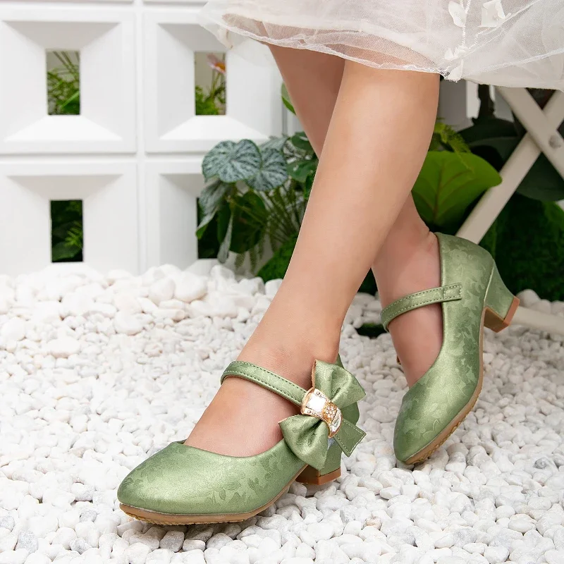 2025 Spring Girls Party Dresses Shoes Elegant Bowknot Catwalk Children High Heels Fashion Kids Princess Wedding Leather Shoes