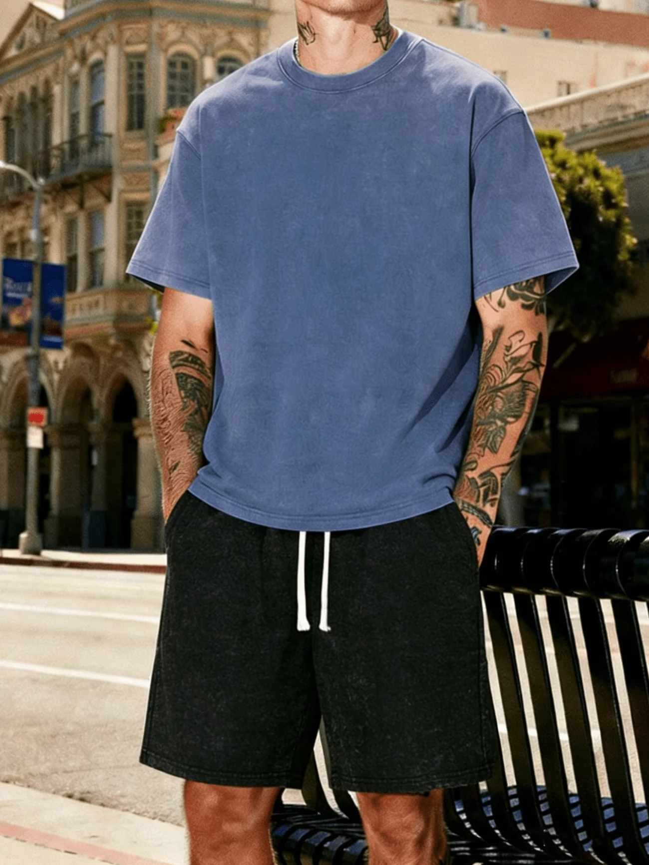 Men's Washed Distressed Casual Set Daily Commute Fitness Workout Short Sleeve T-Shirt And Shorts Two