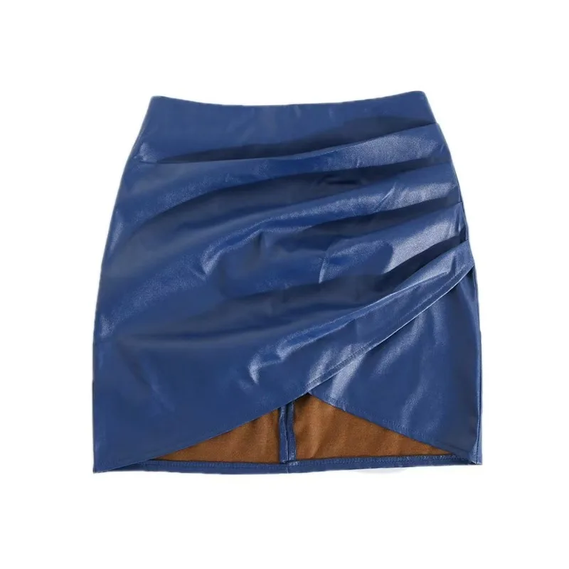 2025Herfst Effen Pu Leer Geplooide Patchwork Slanke Elegante Mini Rok Vrouwen Hoge Taille Onregelmatige Beknopte Kantoor Dame Outfits