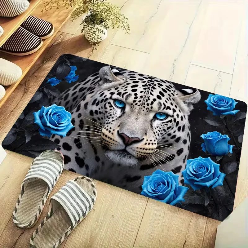 Snow Leopard Blue Rose Doormat Exotic Wild Cat Floral Print Non Slip Entrance Floor Mat For Hallway Bedroom Home Decor