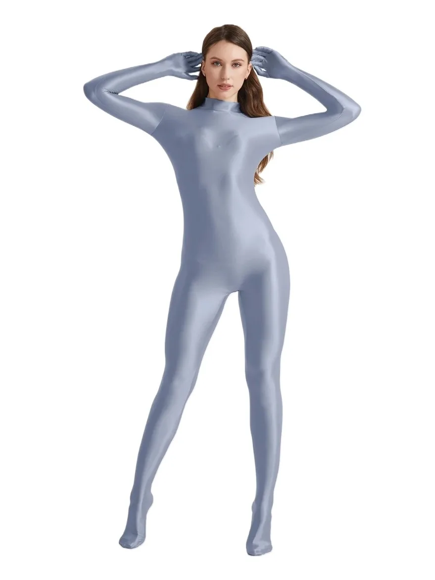 AliExpress Women Men Zentai Plus Size High Neck Stretch Sports Cycling Adult Bodysuit Cosplay Shiny Smooth Back Zipper Tights Sex Jumpsuit
