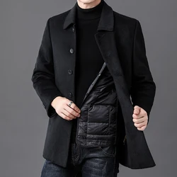 Business Casual Autumn Winter Warm Woolen Coats Outwear Detachable Duck Down Liner Windbreak Solid Thicken Wool Overcoat Jackets