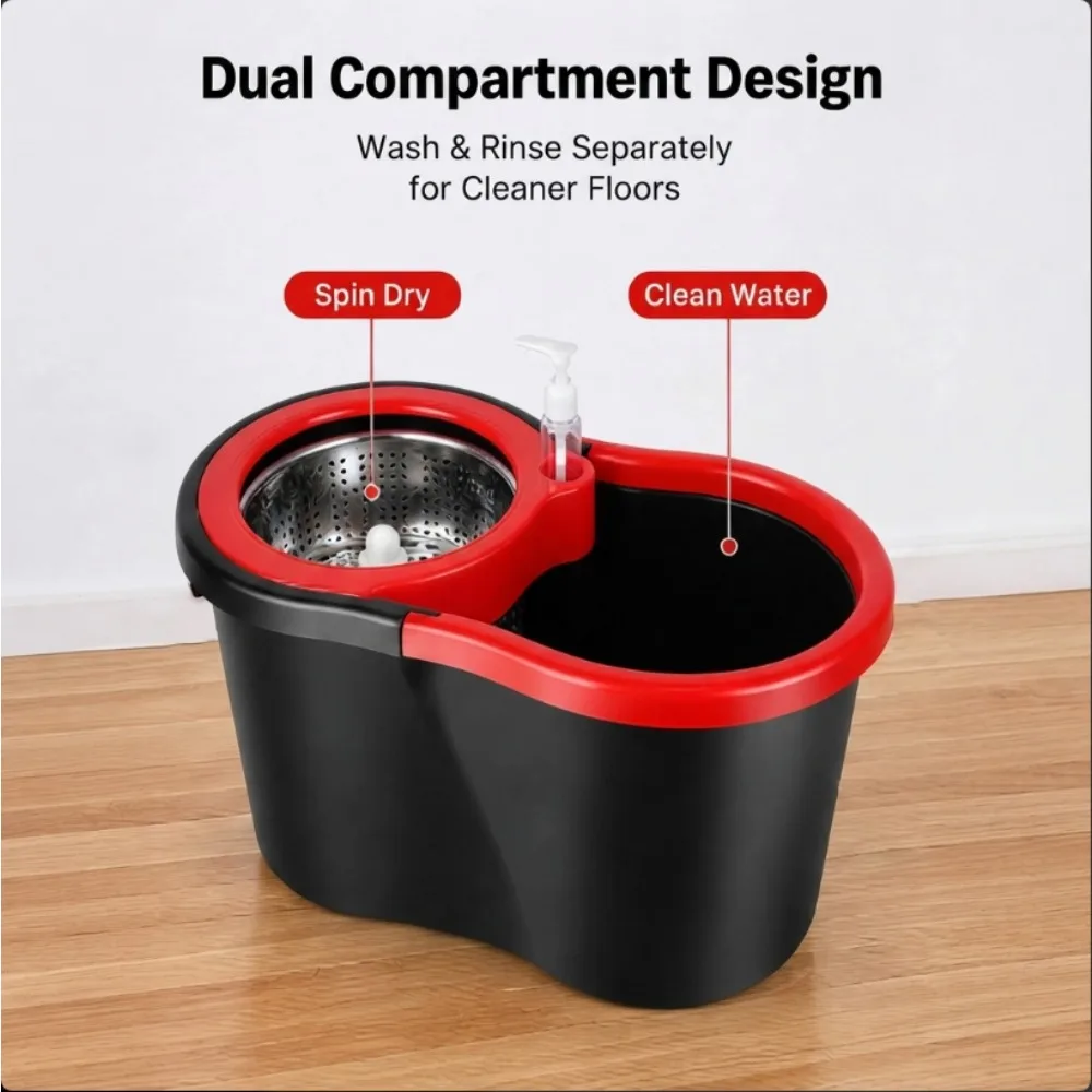 Microfiber Spin Mop and Bucket with Wringer, 360° Rotating Mop Head, 4 Reusable Pads, Dual Compartment Floor Cleaning Set