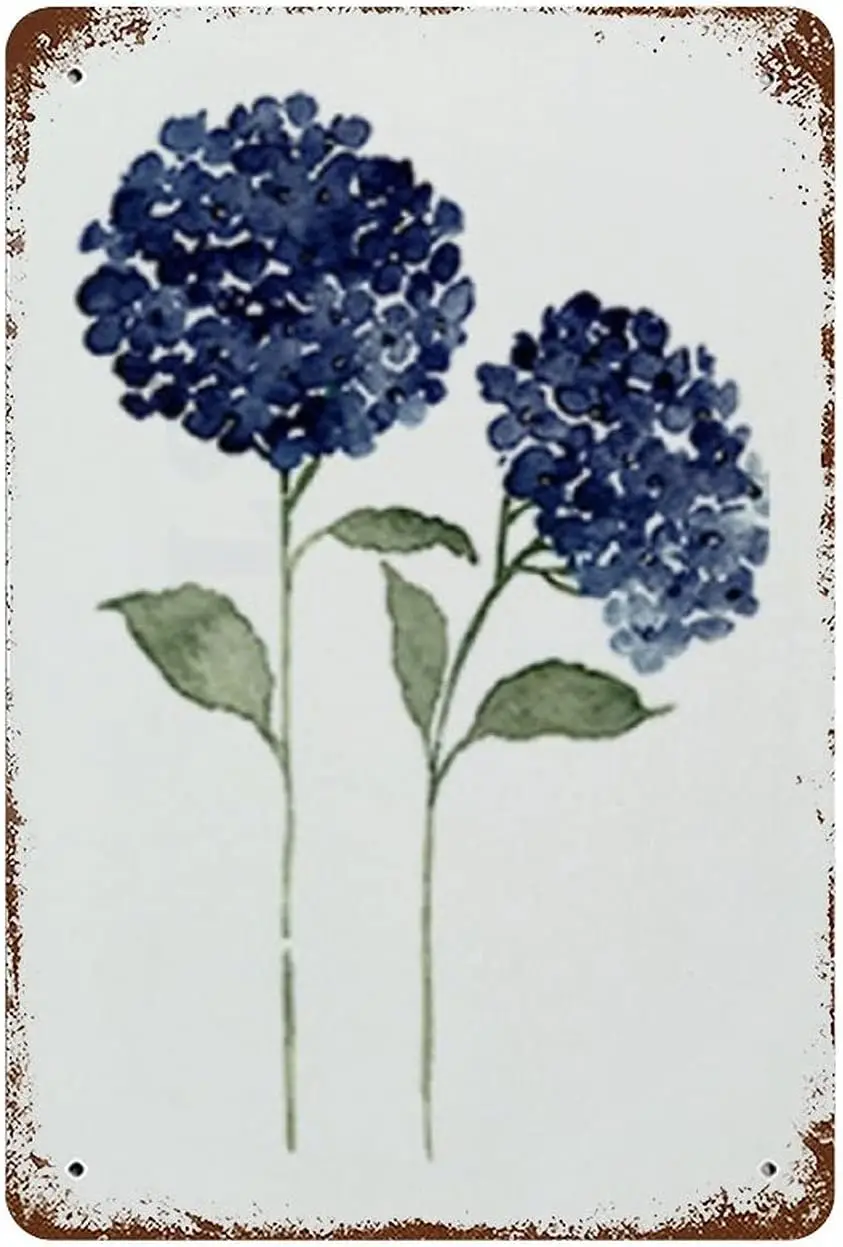 Graman Vintage Metal Tin Sign Hydrangea Watercolor Aluminum Metal Sign Hydrangea Flower Hydrangea Navy Blue Art Decor Livin sign