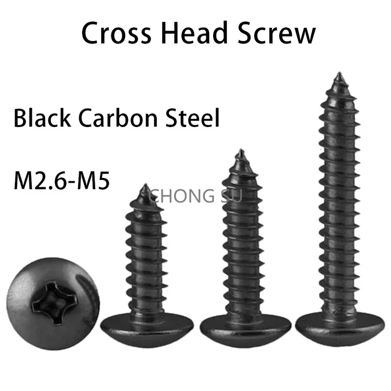 

20/50/100pcs Black Carbon Steel M2.6 M3 M4 M5 M6 Phillips Truss Head (Cross Recessed Mushroom Head) Self Tapping Screws