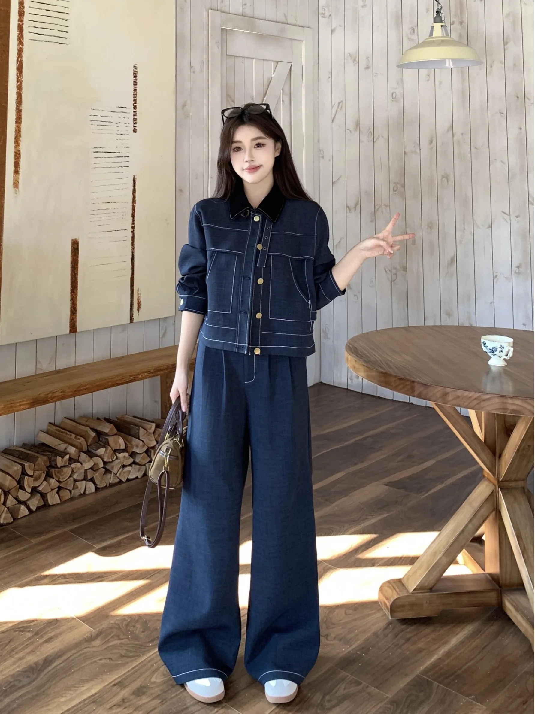 

plus Size Women's Retro Sle Color Blo ort Denim Jaet High Waist Wide Leg Pants Autumn Faionable Two Piece Set