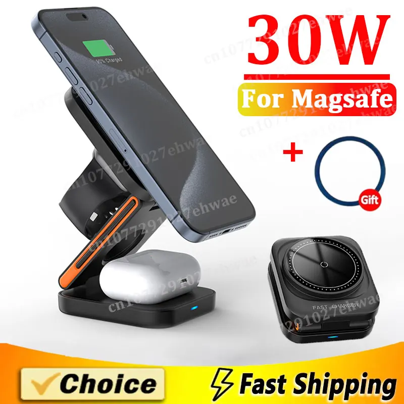 30W 3 in 1 Magnetic Wireless Charger Pad Stand For iPhone 15 14 13 12 Pro Max iWatch 8 7 6 AirPods Foldable Fast Charging Dock