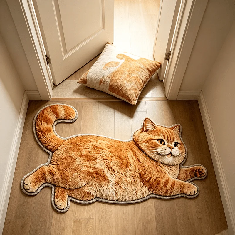 VIKAMA Simulation Reclining Chubby Orange Cat Shaped Plush Carpet Foyer Bathroom Living Room Cute Cartoon Home Floor Mat