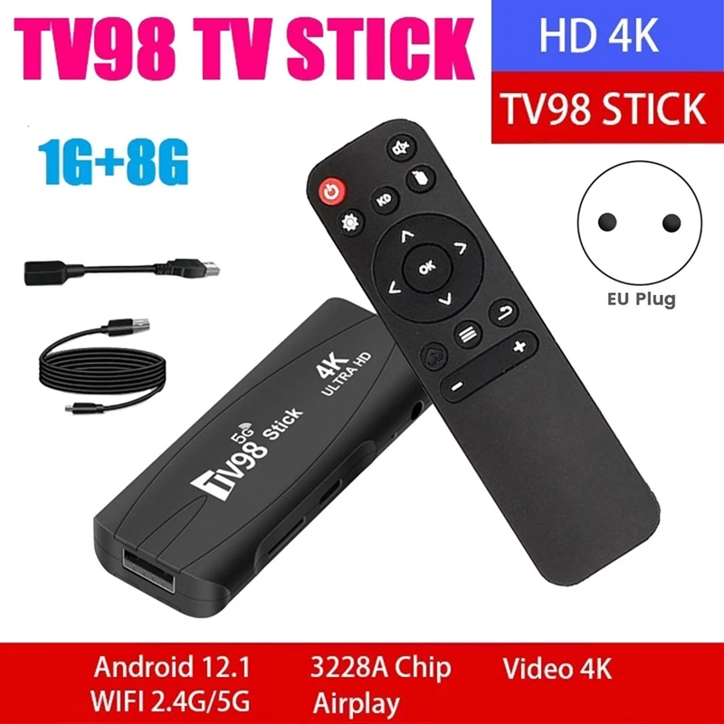 1 Piece TV98 TV STICK 1G+8G Android 12.1 2.4G 5G Wifi Android Smart TV BOX (EU Plug)
