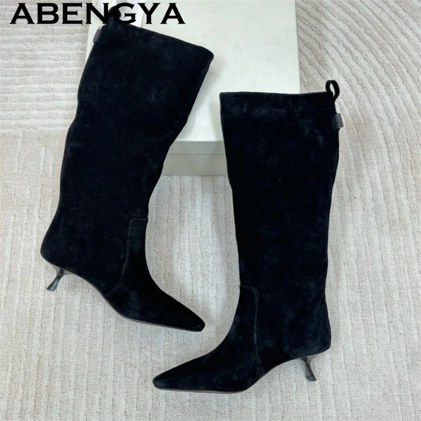 Wool Inside Suede Knee High Boots Women Pointy Toe Kitten Heels Fashion Week Boots Winter Sexy Slim Close-fitting Chelsea Boots
