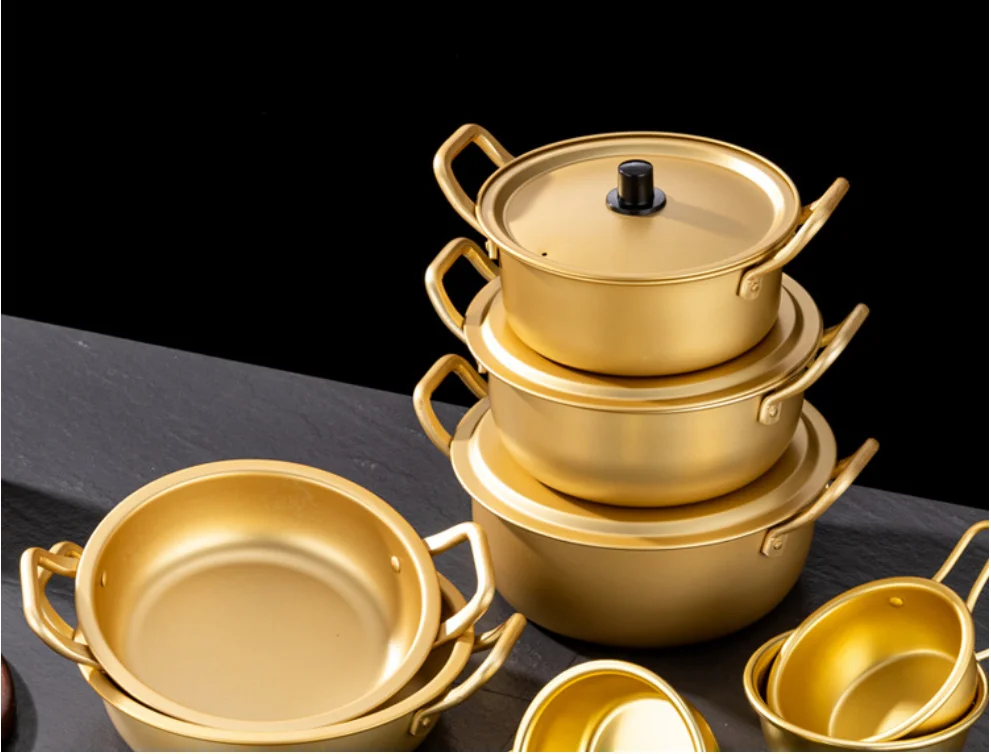 30pcs/Carton 14cm Korean Style Luxury Double Handle Instant Noodle Hot Pots Metal Stock Pot For Soup Gas Stove Ramen Bowl