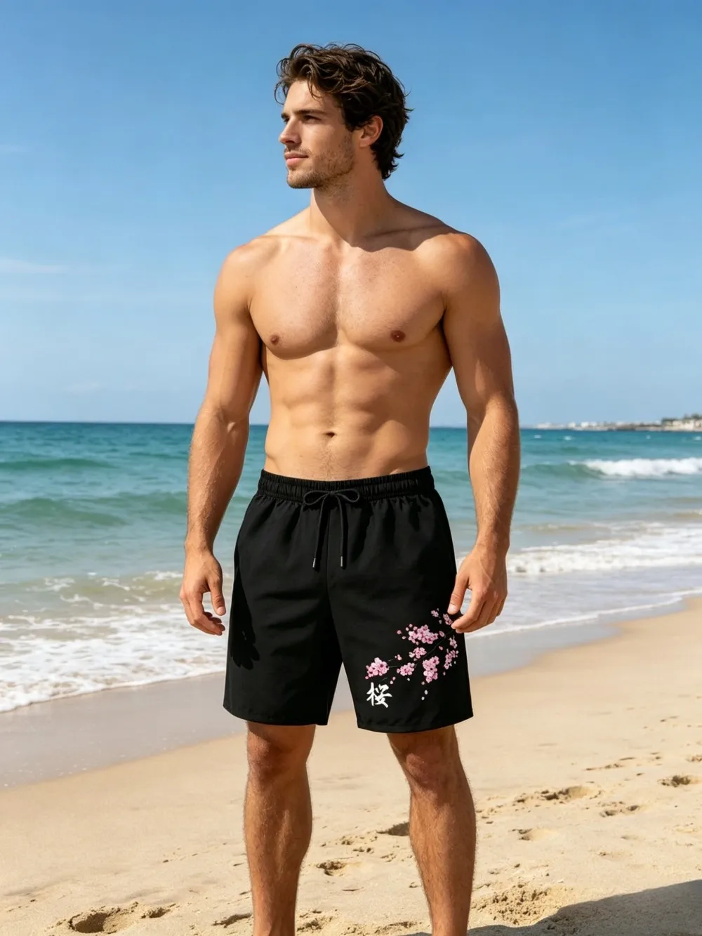 Amerikanische Herren-Sommer-Shorts mit personalisiertem Buchstaben- und Kirschblüten-Print, bequem, atmungsaktiv, mit Kordelzug, für Outdoor und Freizeit – Detail 4