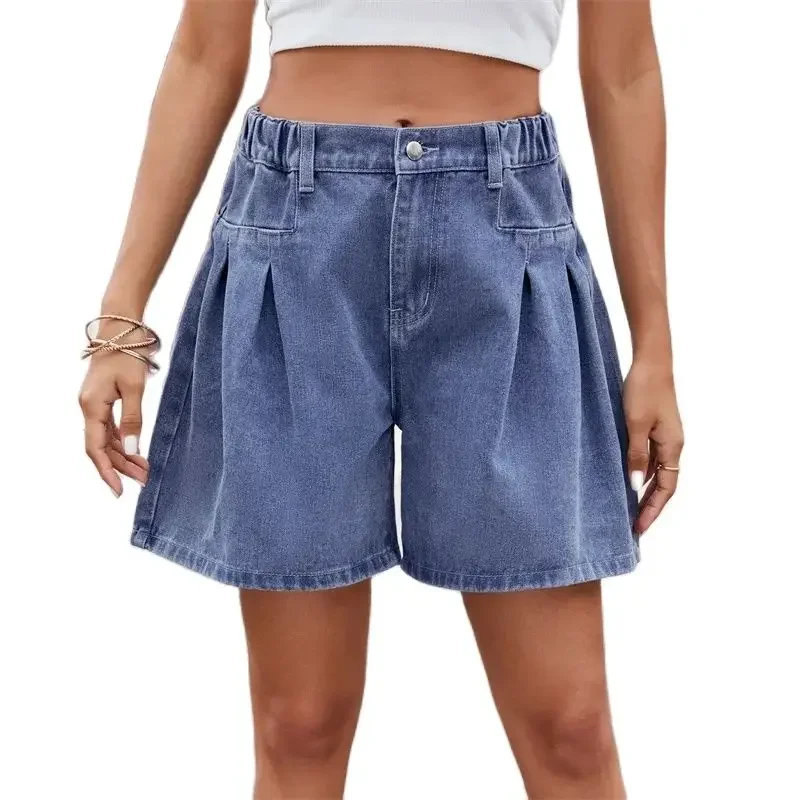 Women Stretch Elasticated Waist Denim Shorts Pleats Splice Three Quarter Pants Female Casual Commuter Mini Jeans Streetwear 2024