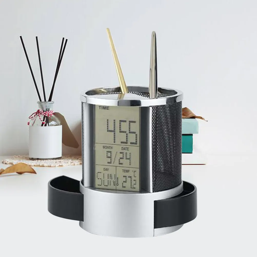 Electronic Clock Pen Holder Metal Plastic Multifunction Calendar Pen Organizer Drawer Container for Office Home Use