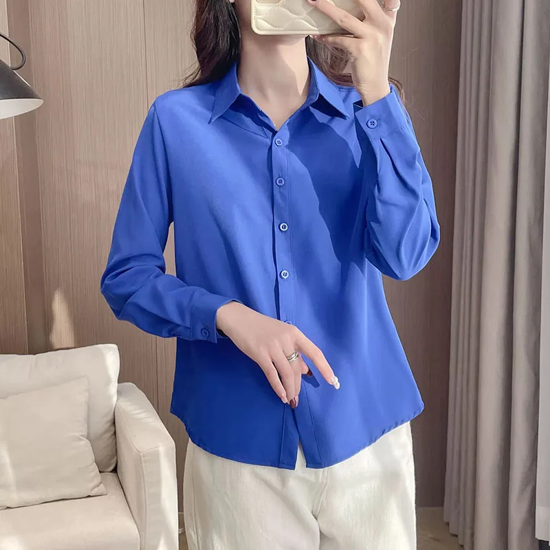 

Новинка 2023 года, весенне-осенняя блузка с длинным рукавом, женская однотонная повседневная базовая рубашка с отложным воротником, универсальные офисные женские рубашки на пуговицах