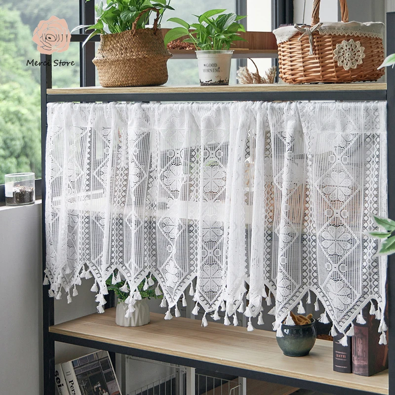 

Sheer Lace Valances with Tassels Scalloped Bottom Floral Curtains for Kitchen Bathroom Dining Room Living Room Bedroom Basement