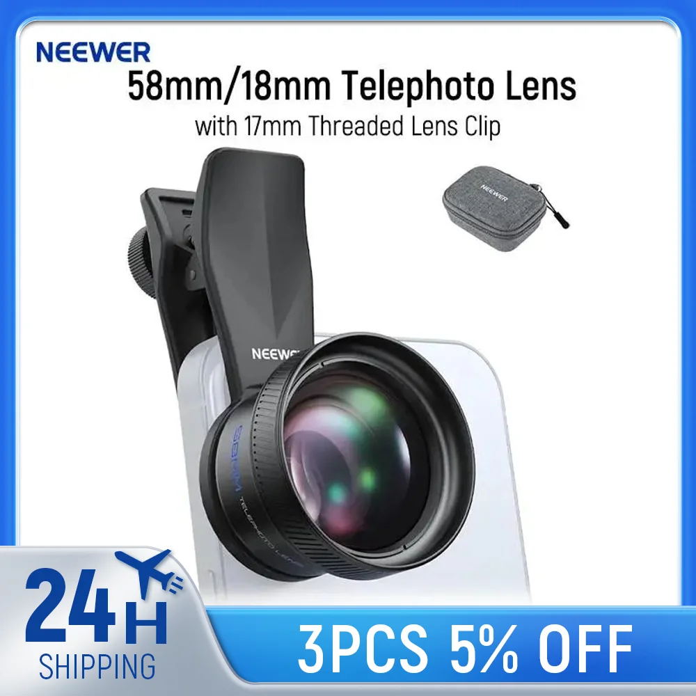 

NEEWER 58mm/18mm Telephoto Lens with 17mm Threaded Phone Camera Lens Clip, 2X Magnification For iPhone Android Samsung