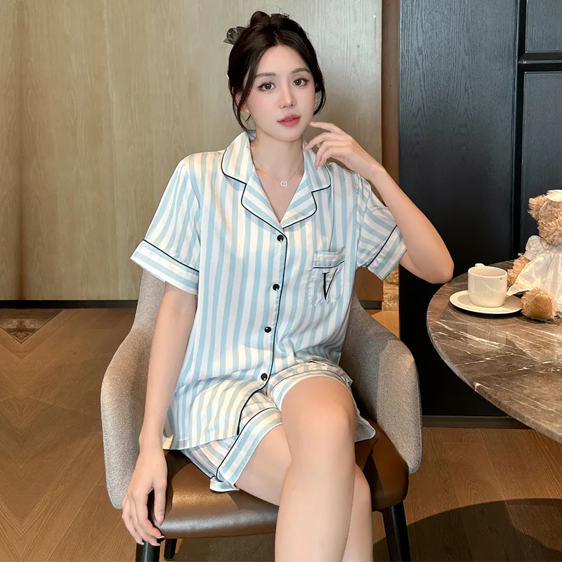 Summer New Ice Silk Thin Printed Ladies Nightgown Short Sleeve Shorts Home Clothes Set Comfortable Breathable Polyester Fiber
