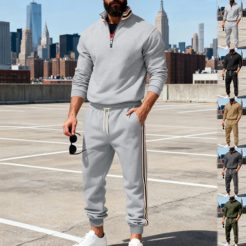 Autumn And Winter Men's Sports Contrasting Color Webbing Stand-up Neck Sweater Suit Men view 3
