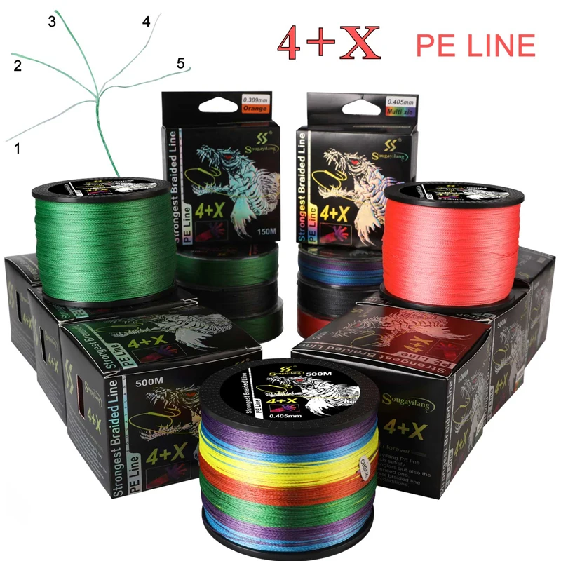 Sougailang 4X+X Fishing Line 150M 300M 4Strand Braided Line Multifilament Line Japan PE Line Floating Line Fishing Wired 22-87LB