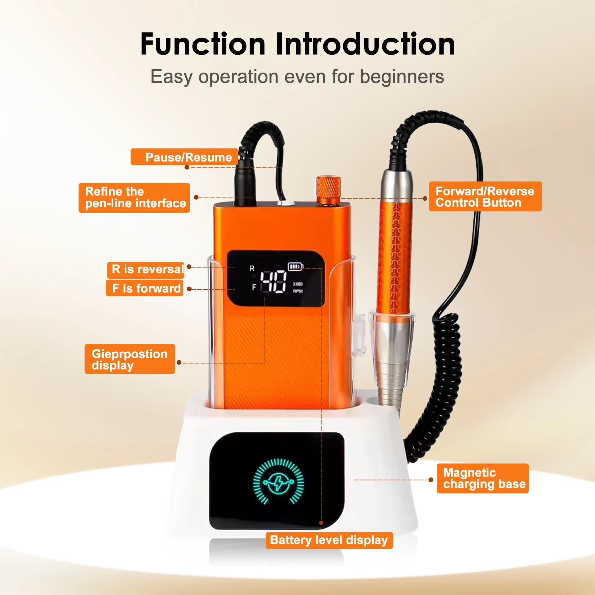 Nail Drill 40,000 RPM, Brushless Machine, High Speed, Wireless Charging, Professional Manicure Tool