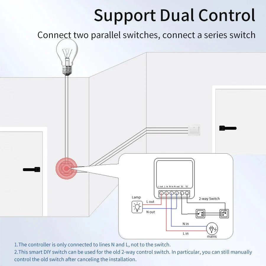 EWelink WiFi Smart Switch Breaker Supports 2-Way Control 100-240V 16A Intelligent Light Switch Works with Alexa Google Assistant