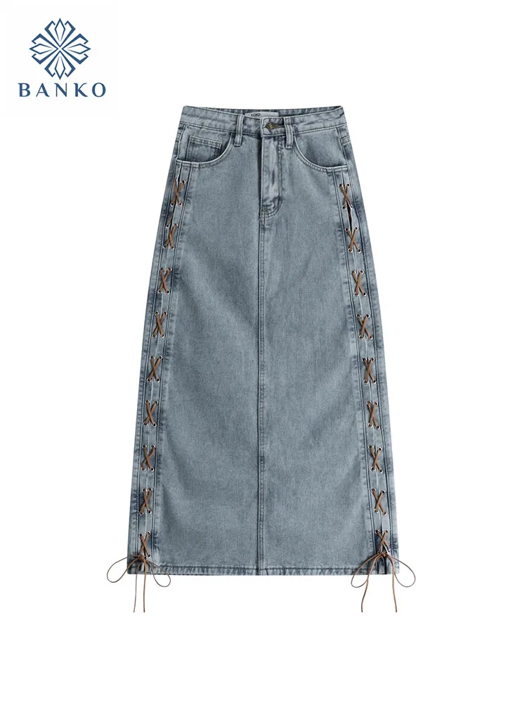 

High Quality Washed Blue A-Line Skirt Spring Summer Gyaru Vintage New Denim Skirt Cross Bandage Classical Cozy Classical Korean