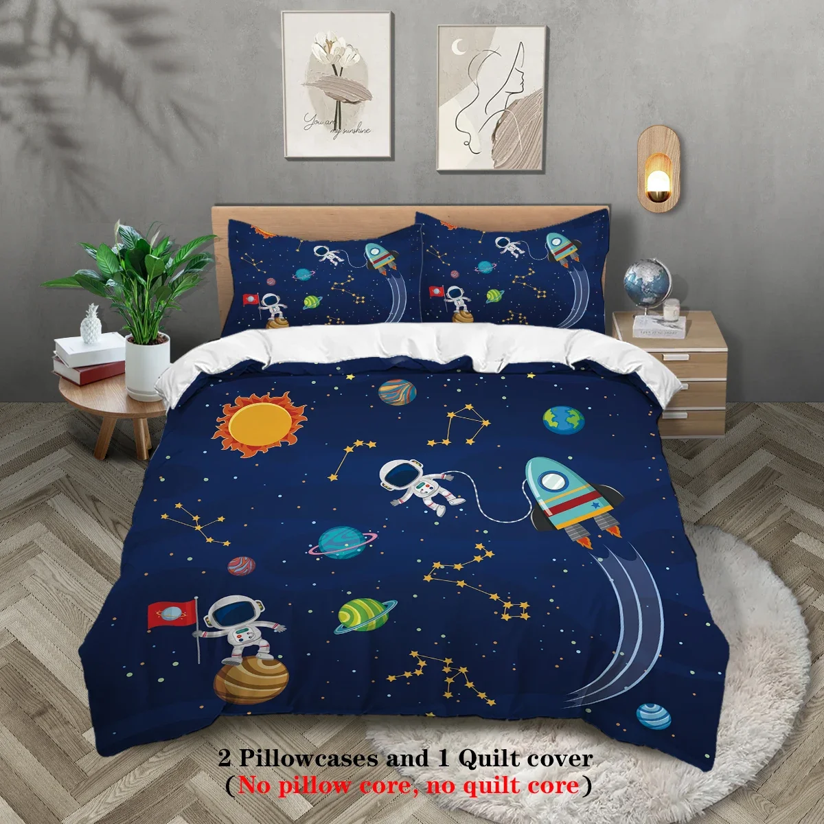 Juego de cama cómodo de 3 piezas con estampado de cielo estrellado, planeta espacial y astronauta (1 funda nórdica + 2 fundas de almohada, sin núcleo)